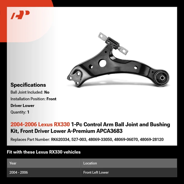 2004-2006 Lexus RX330 1-Pc Control Arm Ball Joint and Bushing Kit, Front Driver Lower A-Premium APCA3683