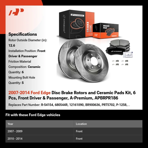 2007-2014 Ford Edge Disc Brake Rotors and Ceramic Pads Kit, 6 Pcs, Front Driver & Passenger, A-Premium, APBRPR186