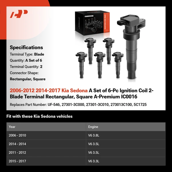 2006-2012 2014-2017 Kia Sedona A Set of 6-Pc Ignition Coil 2-Blade Terminal Rectangular, Square A-Premium IC0016