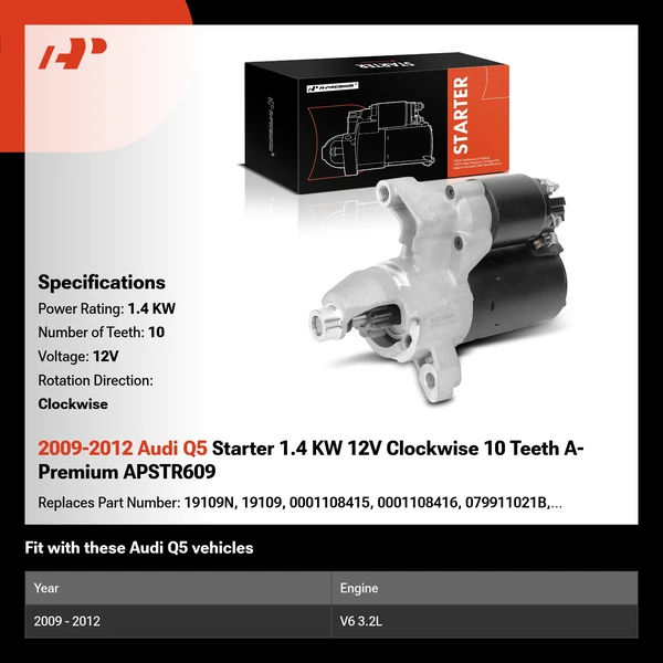 2009-2012 Audi Q5 Starter 1.4 KW 12V Clockwise 10 Teeth A-Premium APSTR609