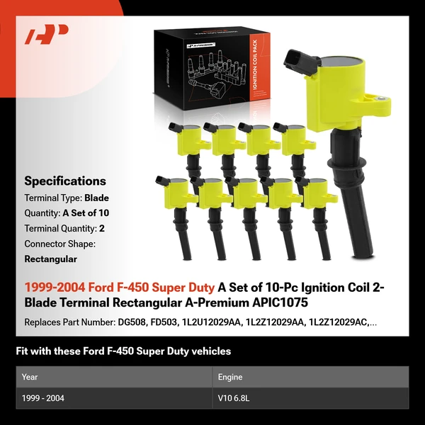 1999-2004 Ford F-450 Super Duty A Set of 10-Pc Ignition Coil 2-Blade Terminal Rectangular A-Premium APIC1075