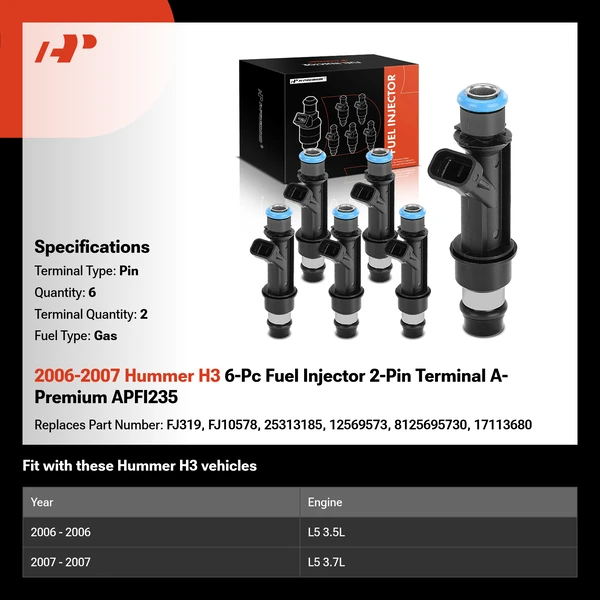 2006-2007 Hummer H3 6-Pc Fuel Injector 2-Pin Terminal A-Premium APFI235