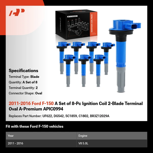 2011-2016 Ford F-150 A Set of 8-Pc Ignition Coil 2-Blade Terminal Oval A-Premium APIC0994