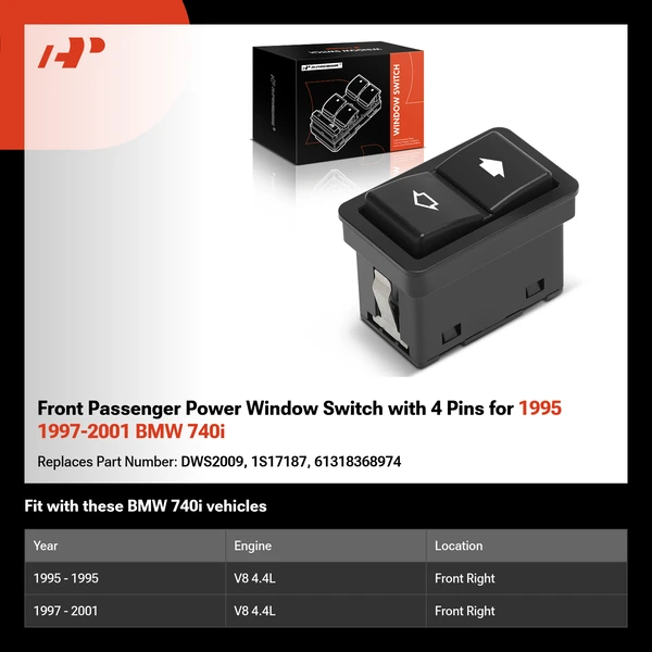 Front Passenger Power Window Switch with 4 Pins for 1995 1997-2001 BMW 740i