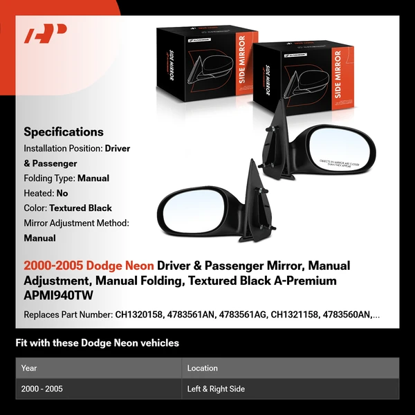 2000-2005 Dodge Neon Driver & Passenger Mirror, Manual Adjustment, Manual Folding, Textured Black A-Premium APMI940TW