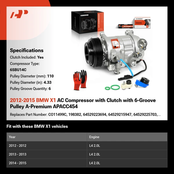 2012-2015 BMW X1 AC Compressor with Clutch with 6-Groove Pulley A-Premium APACC454
