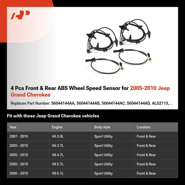 4 Pcs Front & Rear ABS Wheel Speed Sensor for 2005-2010 Jeep Grand Cherokee
