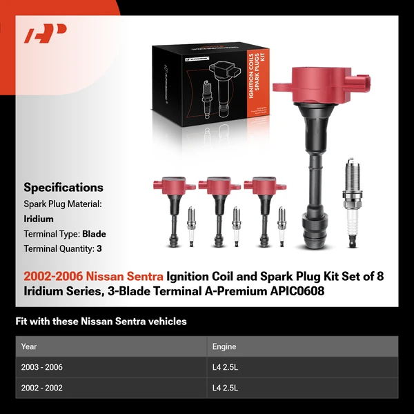 2002-2006 Nissan Sentra Ignition Coil and Spark Plug Kit Set of 8 Iridium Series, 3-Blade Terminal A-Premium APIC0608