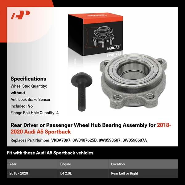 Rear Driver or Passenger Wheel Hub Bearing Assembly for 2018-2020 Audi A5 Sportback