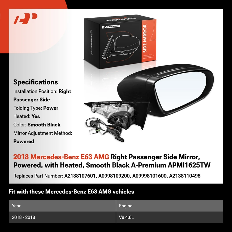 2018 Mercedes-Benz E63 AMG Right Passenger Side Mirror, Powered, with Heated, Smooth Black A-Premium APMI1625TW