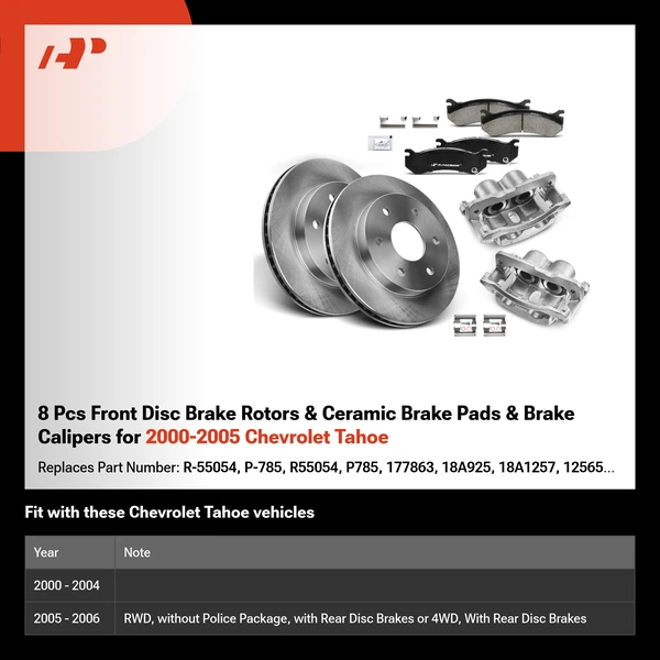 8 Pcs Front Disc Brake Rotors & Ceramic Brake Pads & Brake Calipers for 2000-2005 Chevrolet Tahoe