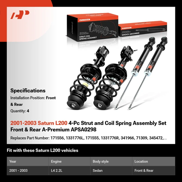 2001-2003 Saturn L200 4-Pc Strut and Coil Spring Assembly Set Front & Rear A-Premium APSA0298