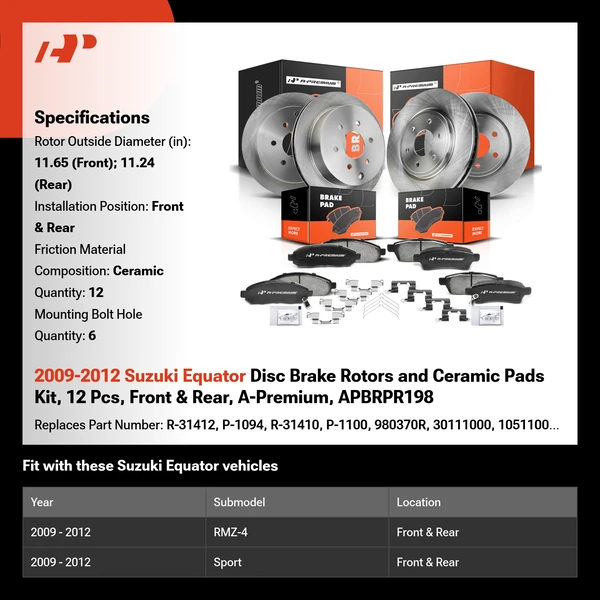 2009-2012 Suzuki Equator Disc Brake Rotors and Ceramic Pads Kit, 12 Pcs, Front & Rear, A-Premium, APBRPR198