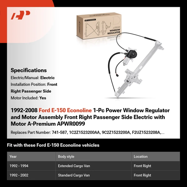 1992-2008 Ford E-150 Econoline 1-Pc Power Window Regulator and Motor Assembly Front Right Passenger Side Electric with Motor A-Premium APWR0099