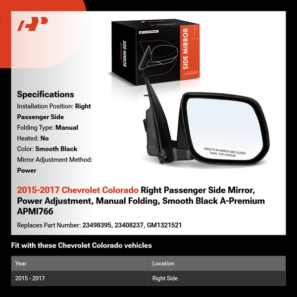 2015-2017 Chevrolet Colorado Right Passenger Side Mirror, Power Adjustment, Manual Folding, Smooth Black A-Premium APMI766