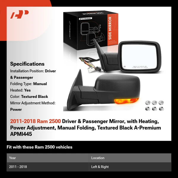 2011-2018 Ram 2500 Driver & Passenger Mirror, with Heating, Power Adjustment, Manual Folding, Textured Black A-Premium APMI445