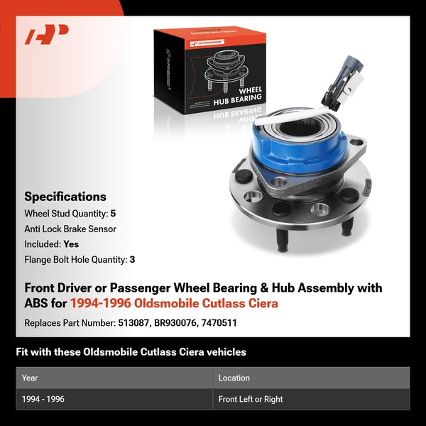 Front Driver or Passenger Wheel Bearing & Hub Assembly with ABS for 1994-1996 Oldsmobile Cutlass Ciera
