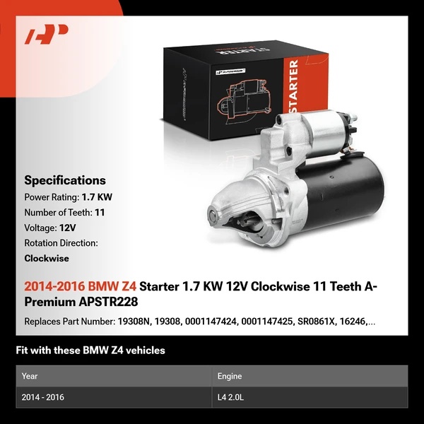 2014-2016 BMW Z4 Starter 1.7 KW 12V Clockwise 11 Teeth A-Premium APSTR228