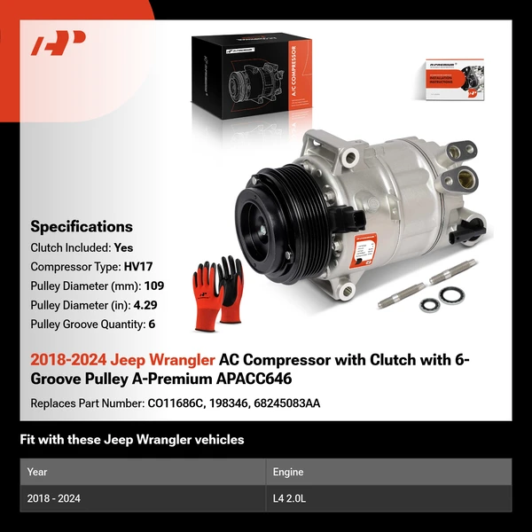 2018-2024 Jeep Wrangler AC Compressor with Clutch with 6-Groove Pulley A-Premium APACC646