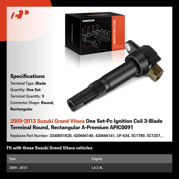 2009-2013 Suzuki Grand Vitara One Set-Pc Ignition Coil 3-Blade Terminal Round, Rectangular A-Premium APIC0091