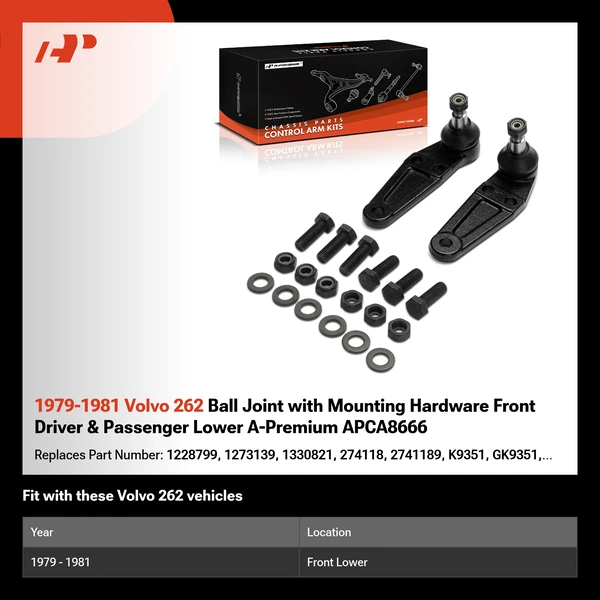 1979-1981 Volvo 262 Ball Joint with Mounting Hardware Front Driver & Passenger Lower A-Premium APCA8666
