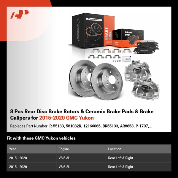 8 Pcs Rear Disc Brake Rotors & Ceramic Brake Pads & Brake Calipers for 2015-2020 GMC Yukon