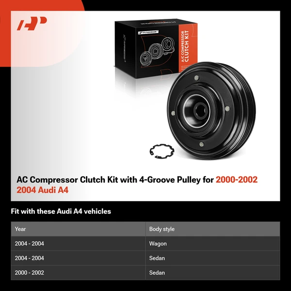 AC Compressor Clutch Kit with 4-Groove Pulley for 2000-2002 2004 Audi A4