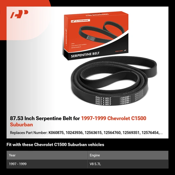 87.53 Inch Serpentine Belt for 1997-1999 Chevrolet C1500 Suburban