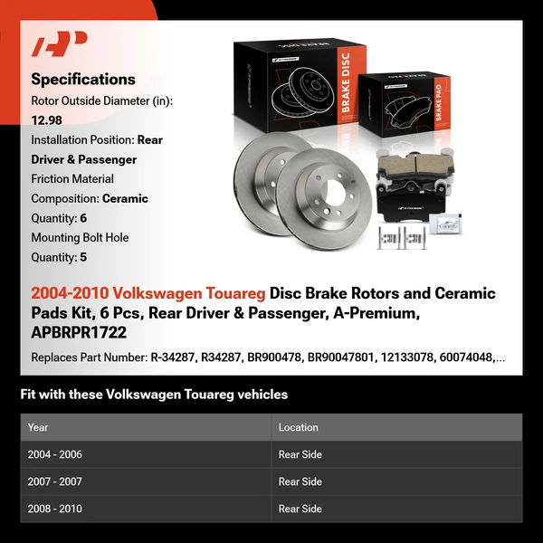 2004-2010 Volkswagen Touareg Disc Brake Rotors and Ceramic Pads Kit, 6 Pcs, Rear Driver & Passenger, A-Premium, APBRPR1722