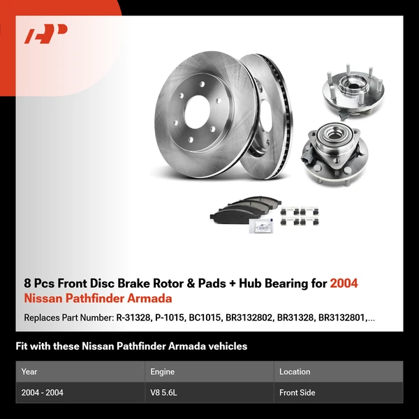 8 Pcs Front Disc Brake Rotor & Pads + Hub Bearing for 2004 Nissan Pathfinder Armada