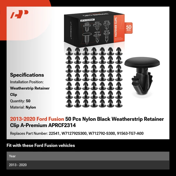 2013-2020 Ford Fusion 50 Pcs Nylon Black Weatherstrip Retainer Clip A-Premium APRCF2314