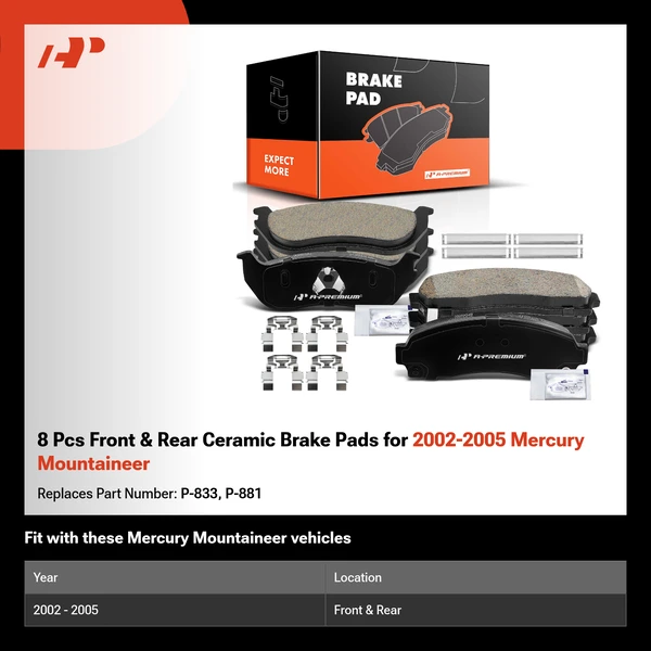 8 Pcs Front & Rear Ceramic Brake Pads for 2002-2005 Mercury Mountaineer