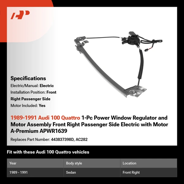 1989-1991 Audi 100 Quattro 1-Pc Power Window Regulator and Motor Assembly Front Right Passenger Side Electric with Motor A-Premium APWR1639
