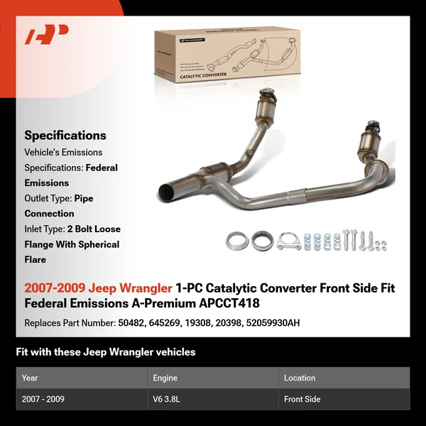2007-2009 Jeep Wrangler 1-PC Catalytic Converter Front Side Fit Federal Emissions A-Premium APCCT418
