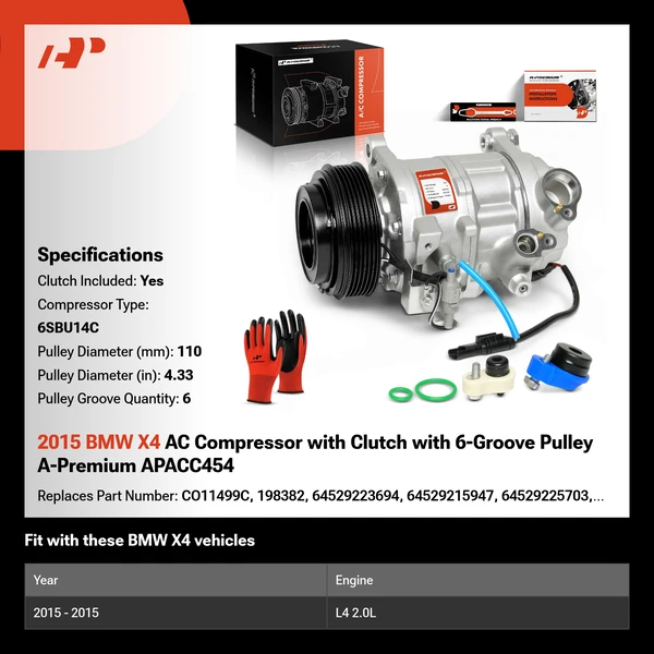 2015 BMW X4 AC Compressor with Clutch with 6-Groove Pulley A-Premium APACC454
