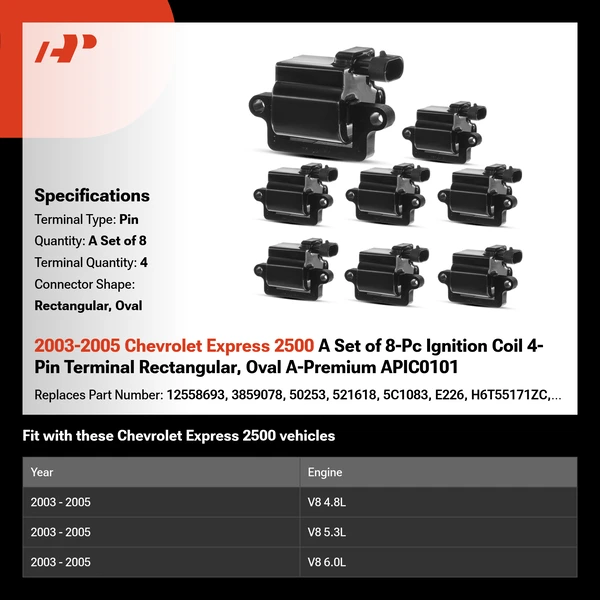 2003-2005 Chevrolet Express 2500 A Set of 8-Pc Ignition Coil 4-Pin Terminal Rectangular, Oval A-Premium APIC0101