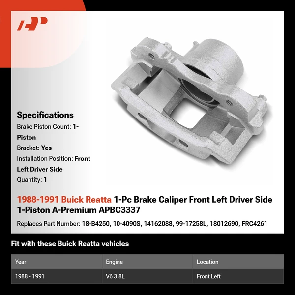 1988-1991 Buick Reatta 1-Pc Brake Caliper Front Left Driver Side 1-Piston A-Premium APBC3337