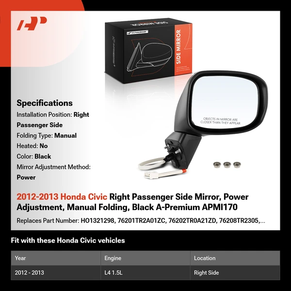 2012-2013 Honda Civic Right Passenger Side Mirror, Power Adjustment, Manual Folding, Black A-Premium APMI170