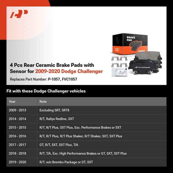 4 Pcs Rear Ceramic Brake Pads with Sensor for 2009-2020 Dodge Challenger