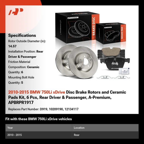 2010-2015 BMW 750Li xDrive Disc Brake Rotors and Ceramic Pads Kit, 6 Pcs, Rear Driver & Passenger, A-Premium, APBRPR1917