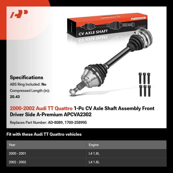 2000-2002 Audi TT Quattro 1-Pc CV Axle Shaft Assembly Front Driver Side A-Premium APCVA2302