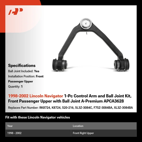 1998-2002 Lincoln Navigator 1-Pc Control Arm and Ball Joint Kit, Front Passenger Upper with Ball Joint A-Premium APCA3628