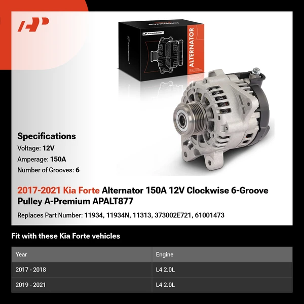2017-2021 Kia Forte Alternator 150A 12V Clockwise 6-Groove Pulley A-Premium APALT877