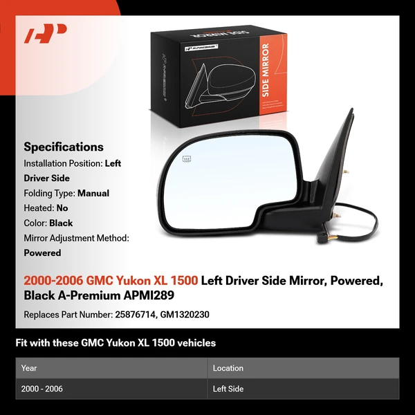 2000-2006 GMC Yukon XL 1500 Left Driver Side Mirror, Powered, Black A-Premium APMI289