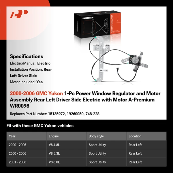 2000-2006 GMC Yukon 1-Pc Power Window Regulator and Motor Assembly Rear Left Driver Side Electric with Motor A-Premium WR0098