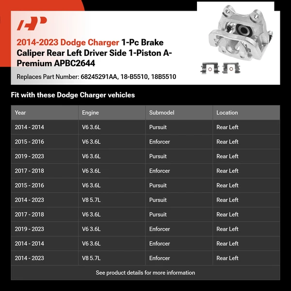 2014-2023 Dodge Charger 1-Pc Brake Caliper Rear Left Driver Side 1-Piston A-Premium APBC2644