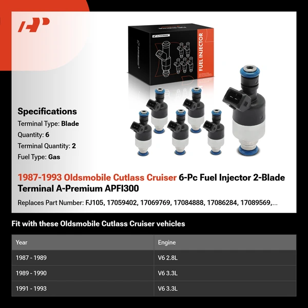 1987-1993 Oldsmobile Cutlass Cruiser 6-Pc Fuel Injector 2-Blade Terminal A-Premium APFI300