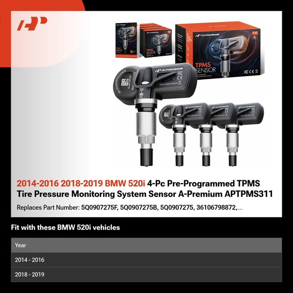 2014-2016 2018-2019 BMW 520i 4-Pc Pre-Programmed TPMS Tire Pressure Monitoring System Sensor A-Premium APTPMS311