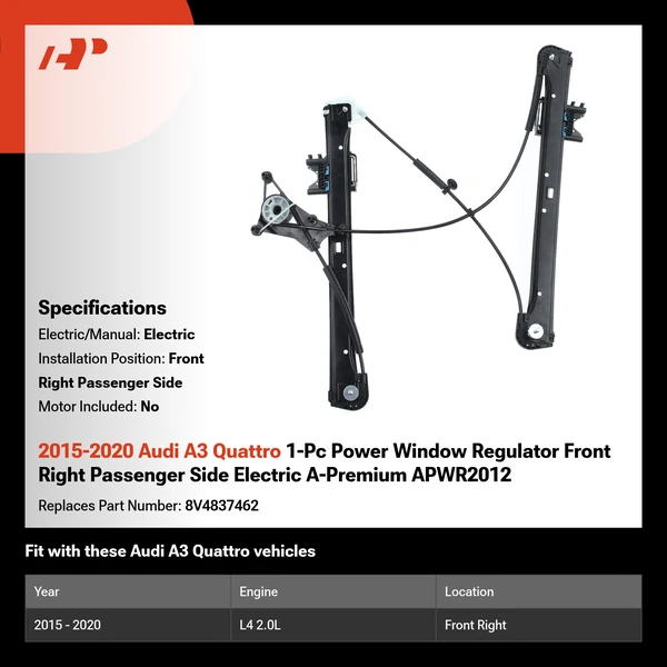 2015-2020 Audi A3 Quattro 1-Pc Power Window Regulator Front Right Passenger Side Electric A-Premium APWR2012