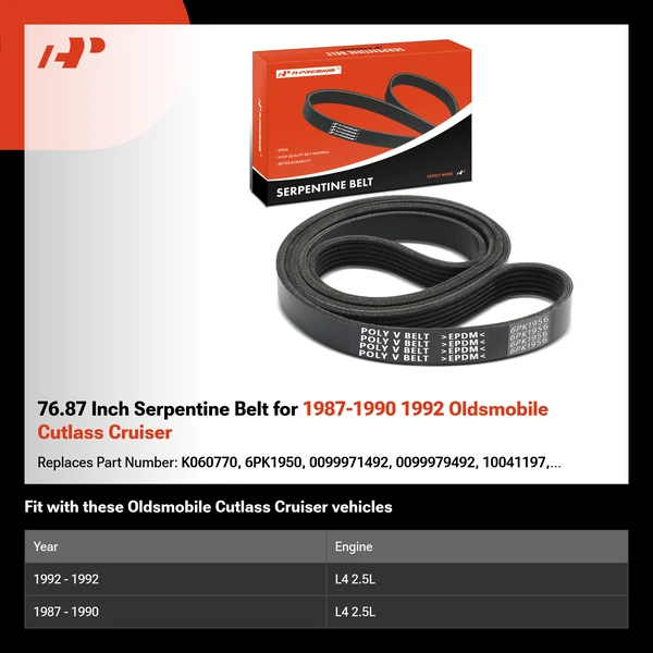 76.87 Inch Serpentine Belt for 1987-1990 1992 Oldsmobile Cutlass Cruiser